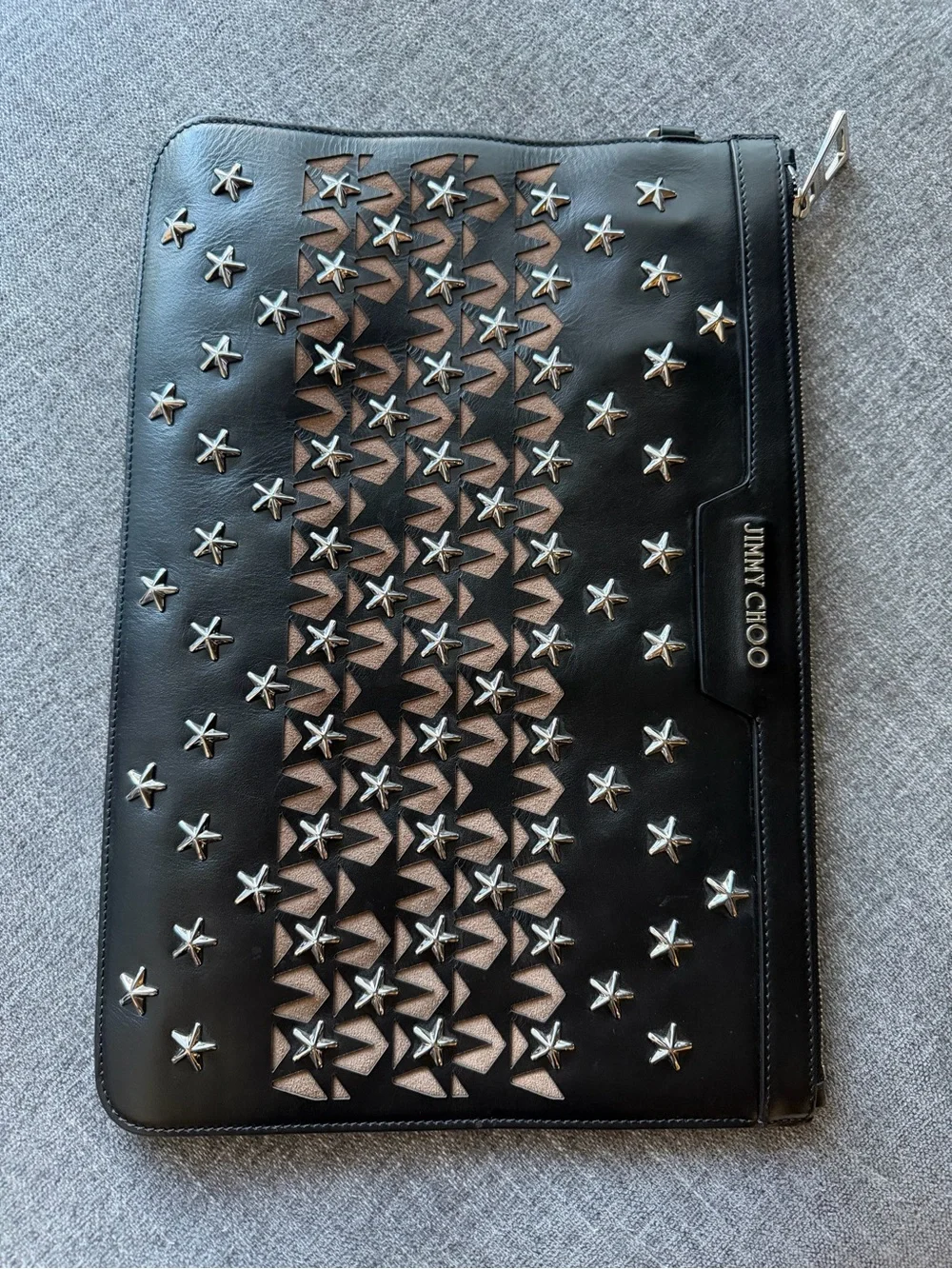Jimmy Choo Black Leather Star-Embellished Clutch with Tan Inset